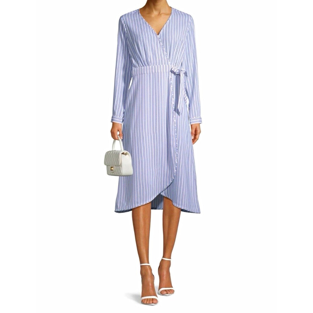 Women's XL Blue/White Striped Wrap Midi Dress V-Neck Long Sleeve Tie Belted
